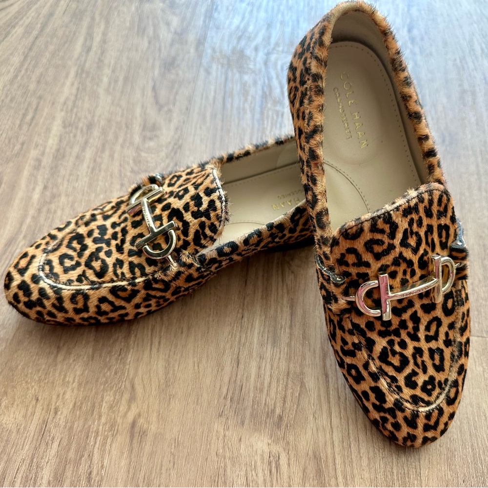 Cole Haan Leopard Print Gold Loafers